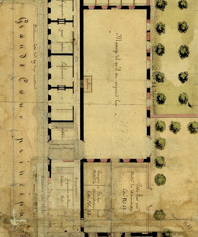 Ausschnitt des Grundrisses von 1808 mit der eingezeichneten Manege in den Mauern des ehemaligen Hoftheaters, heute Landgestüt Zweibrücken (1808)