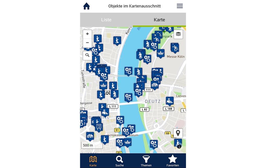 Screenshot (Bildschirmfoto) der Kartenseite der KuLaDig-App für mobile Endgeräte (2017).