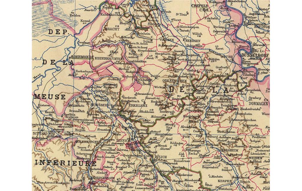 Ausschnitt aus der historischen Karte "Die Rheinprovinz unter französischer Herrschaft im Jahre 1813" (Geschichtlicher Atlas der Rheinprovinz von Wilhelm Fabricius, 1894).