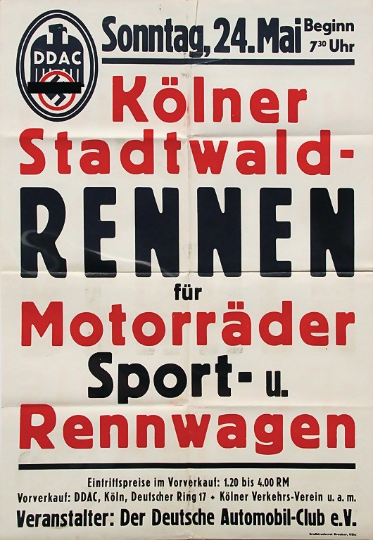 Historisches Werbeplakat für das "Kölner Stadtwaldrennen für Motorräder, Sport- und Rennwagen" auf der Rennstrecke im Köln-Lindenthaler Stadtwald am 24. Mai 1936.