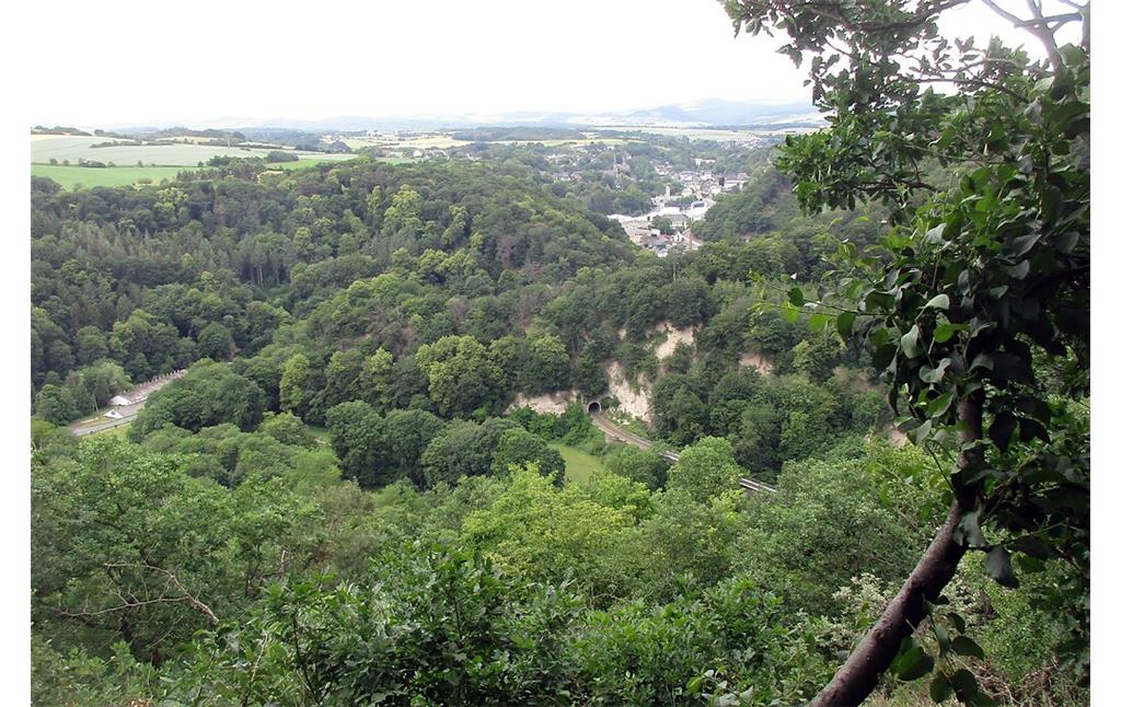 Aussicht vom Wanderweg "Höhlen- und Schluchtensteig" bei Andernach-Kell in Richtung Tönisstein und Burgbrohl (2020).