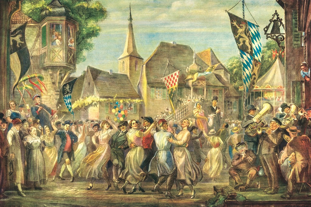 Gemälde der historischen Geißbockversteigerung in Deidesheim (spätes 19. Jahrhundert)