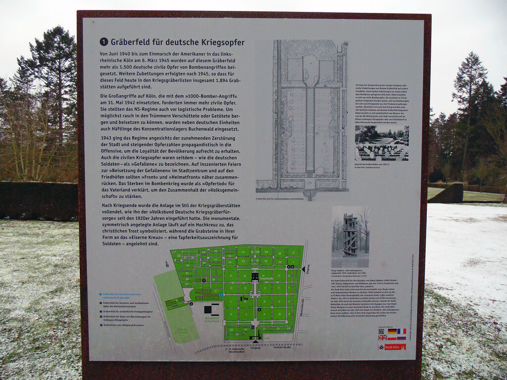 Informationstafel am Gräberfeld für deutsche Kriegsopfer auf dem Westfriedhof in Köln-Vogelsang (2021).