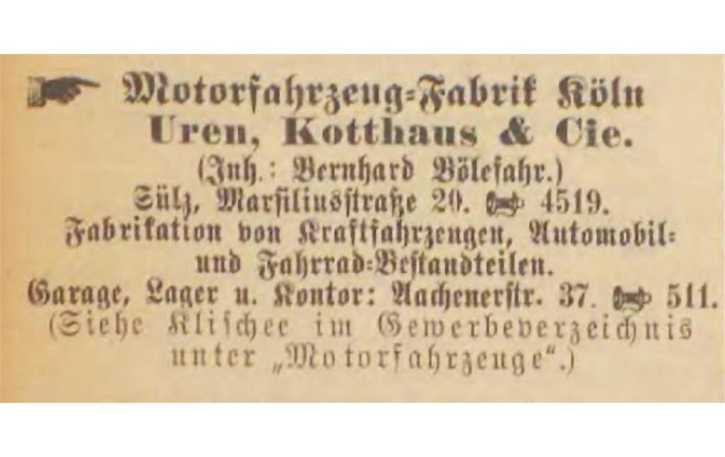 Als Werbeannonce gestalteter Eintrag der Köln-Sülzer "Motorfahrzeug=Fabrik Köln, Uren, Kotthaus & Cie." in von Greven's Kölner Adressbuch von 1906