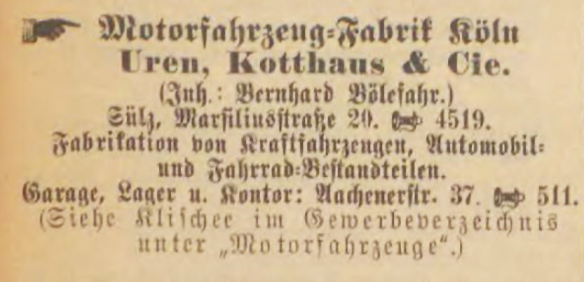Als Werbeannonce gestalteter Eintrag der Köln-Sülzer "Motorfahrzeug=Fabrik Köln, Uren, Kotthaus & Cie." in von Greven's Kölner Adressbuch von 1906
