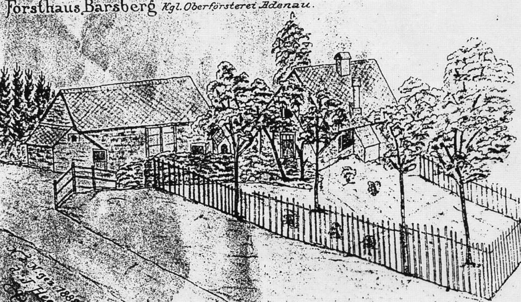 Zeichnung des Forsthauses am Barsberg in Bongard mit der Scheune (Tenne) von um 1850.