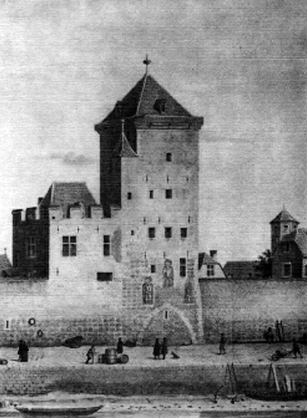 Ansicht des Kölner Frankenturms am Rheinufer auf einem Aquarell von F. B. Vacher (1838).