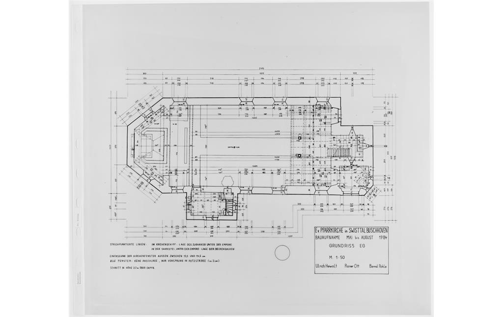 Plan der evangelischen Versöhnungskirche der Bauaufnahme Mai bis August 1984, Grundriss Erdgeschoss
