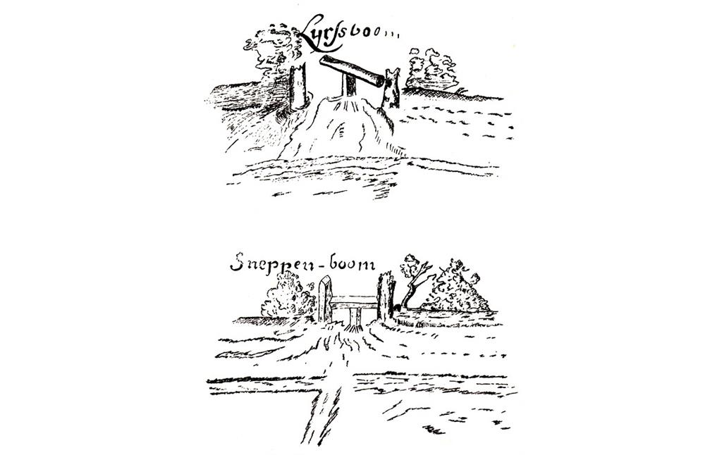 Historische Skizzen vom Lyrsboom und dem Sneppenboom (Schlagbäumen) an der Keppelschen Landwehr im Kreis Kleve