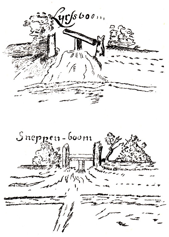 Historische Skizzen vom Lyrsboom und dem Sneppenboom (Schlagbäumen) an der Keppelschen Landwehr im Kreis Kleve
