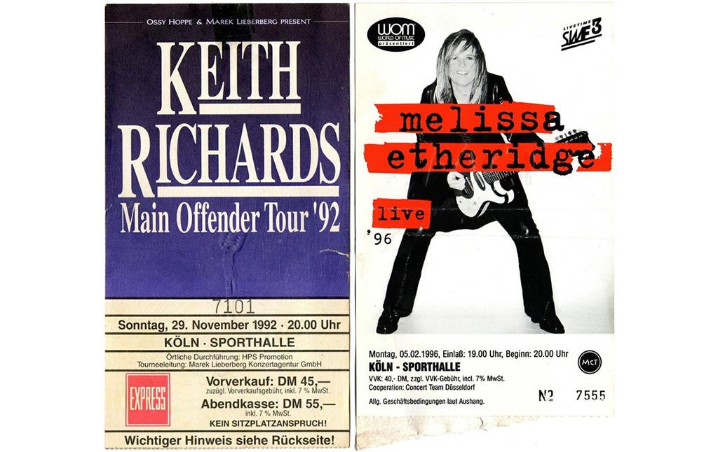 Eintrittskarten zu Konzerten von Keith Richards (1992) und Melissa Etheridge (1996) in der Köln-Deutzer Sporthalle