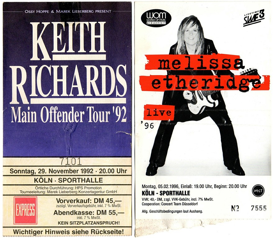 Eintrittskarten zu Konzerten von Keith Richards (1992) und Melissa Etheridge (1996) in der Köln-Deutzer Sporthalle