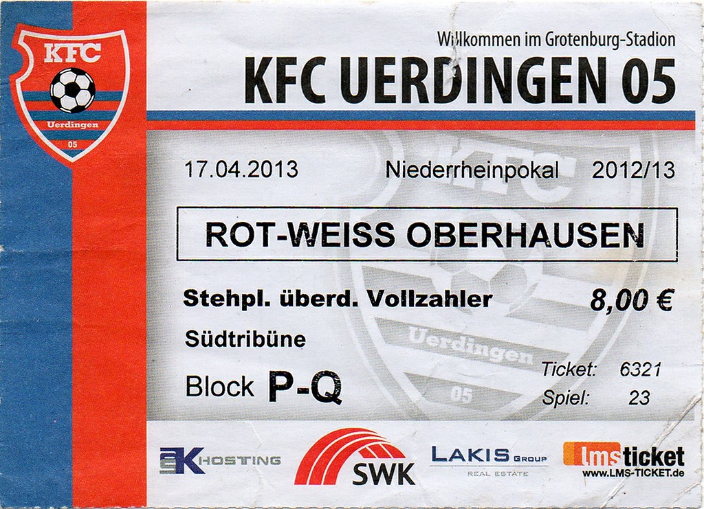Eintrittskarte zu einem Niederrheinpokal-Fußballspiel zwischen dem KFC Uedringen 05 und Rot-Weiss Oberhausen im Grotenburg-Stadion in Krefeld-Uerdingen (2013).