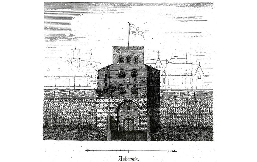 Ansicht der Außenseite des im Jahr 1882 abgebrochenen Kölner Friesentors in dem 1884 erschienenen Band "Cölner Thorburgen und Befestigungen: 1180-1882" (Blatt 38).