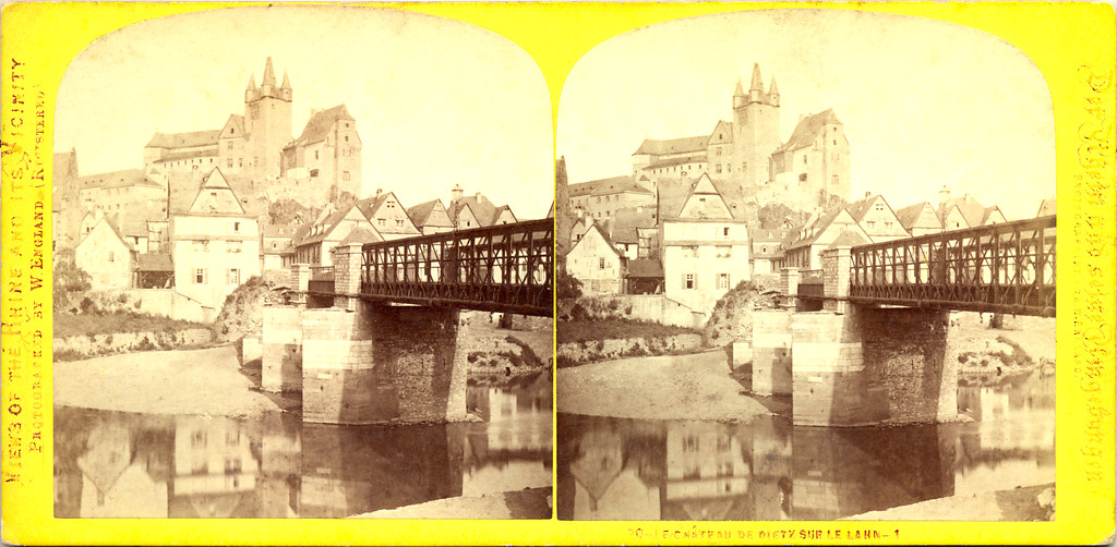 Stereobild der Alten Lahnbrücke und des Grafenschlosses in Diez von William England (1867)