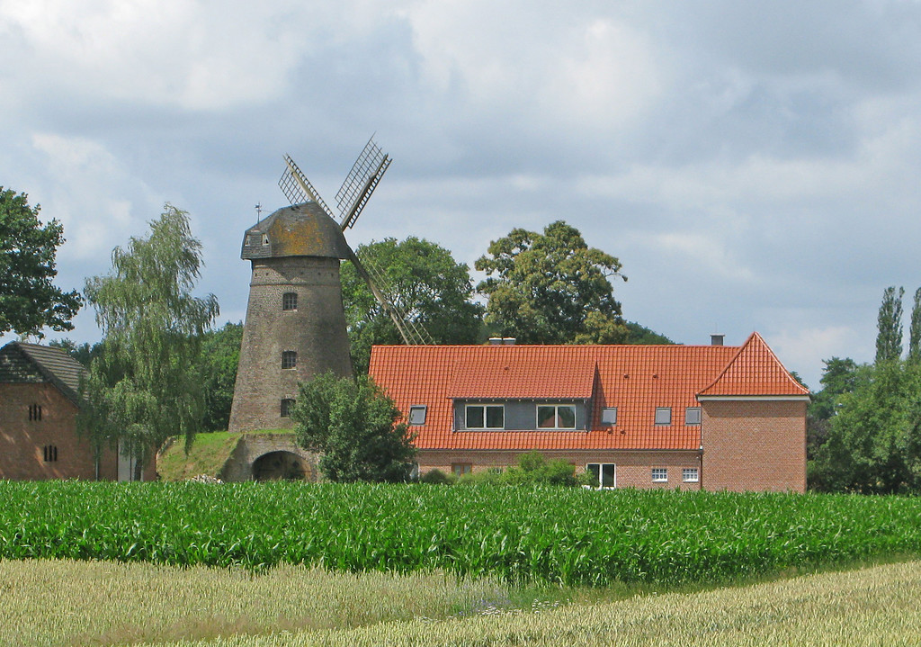 Die Turmwindmühle Holtmann in Schermbeck-Damm (Dammer Windmühle), Ansicht von Osten (2011).