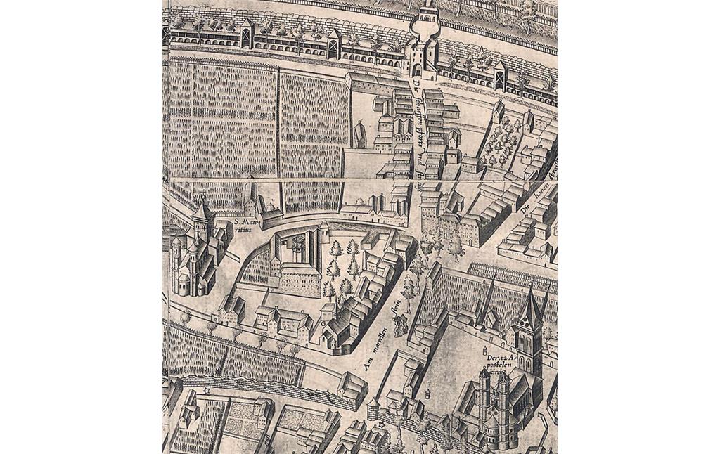 Ausschnitt des Kölner Stadtplans von 1570/71 von Arnold Mercator (1537-1587) im Bereich des Apostelnklosters ("Der 12 Apostelenkirch"), des Marsilsteins ("Am marcellen Stein"), Reinolduskapelle, St. Maurituis und Schaafenstraße und -pforte.