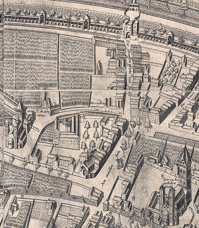 Ausschnitt des Kölner Stadtplans von 1570/71 von Arnold Mercator (1537-1587) im Bereich des Apostelnklosters ("Der 12 Apostelenkirch"), des Marsilsteins ("Am marcellen Stein"), Reinolduskapelle, St. Maurituis und Schaafenstraße und -pforte.