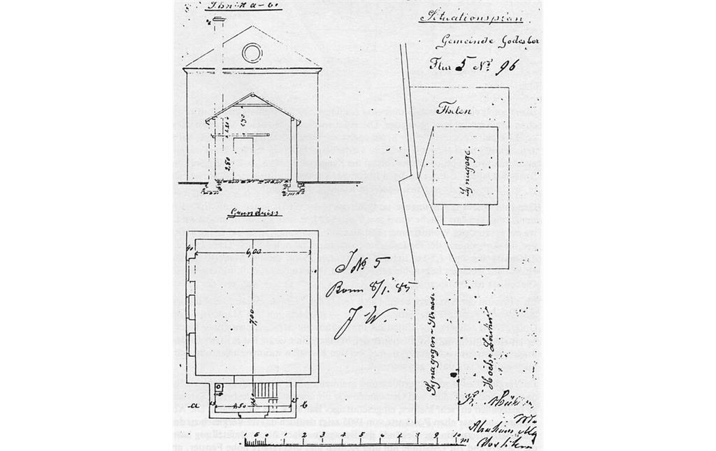 Bauzeichnung und Lageplan zur Synagoge Bad Godesberg in der damaligen Synagogengasse (heutige Oststraße), aus dem Bauantrag vom 5. Januar 1885.