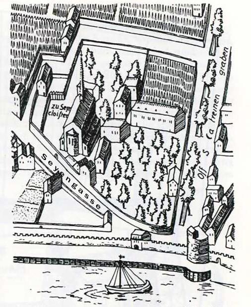 Das Kölner Kloster Sion / Maria im Spiegel als "zu Seyn cloister" am Katharinengraben ("off S Catreinen graben") auf einer Stadtansicht nach Arnold Mercator von 1570/71. Die Beschriftung der "Seyengasse" erfolgte offenbar von späterer Hand.