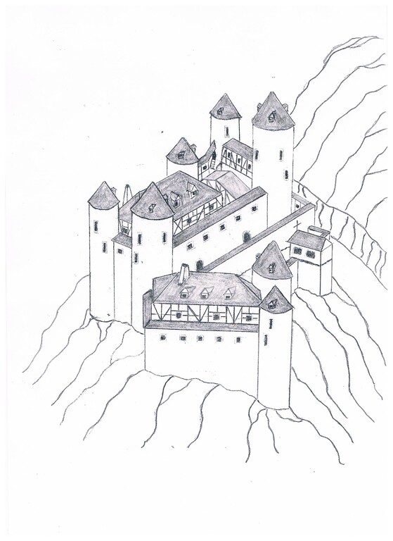 Zeichnung mit einem Rekonstruktionsvorschlag der Frauenburg bei Frauenberg (2023)