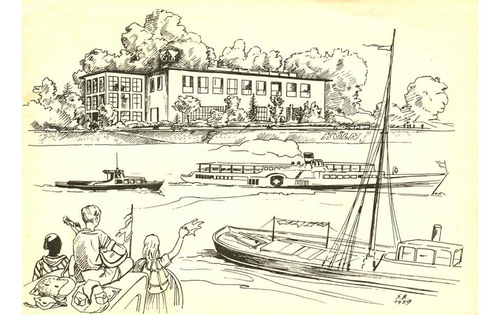 Historische Zeichnung der Kölner Jugendherberge am Niederländer Ufer, davor Boote auf dem Rhein (in der Signatur auf 1959 datiert).