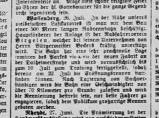 Historischer Zeitungsbericht zur Fertigstellung der Rennbahn in Wassenberg aus der Erkelenzer Zeitung vom 30. Juni 1906 (die Datierung "26. Juli" ist offensichtlich ein Druckfehler).