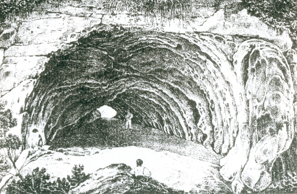 Die Lithografie "Die Neandershöhle" aus Johann Heinrich Bongards Buch "Wanderung zur Neandershöhle" (erschienen 1835 in Düsseldorf) zeigt einen Blick von außen in die Höhle hinein.