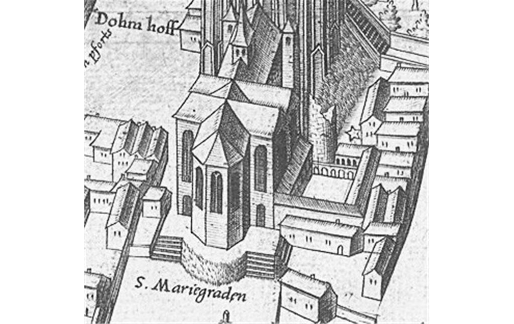 Das Kölner Kollegiatstift Mariengraden (Maria ad gradus, Maria zu den Stufen, hier "S. Mariegraden") östlich des Domes auf einer Stadtansicht nach Arnold Mercator von 1570/71.