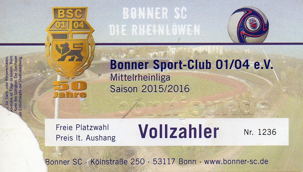Eintrittskarte zu einem Mittelrheinliga-Fußballspiel des Bonner SC im Stadion des Sportpark Nord in Bonn (Saison 2015/16).