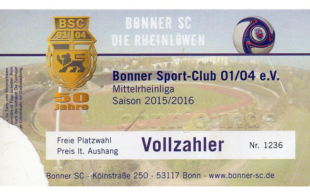 Eintrittskarte zu einem Mittelrheinliga-Fußballspiel des Bonner SC im Stadion des Sportpark Nord in Bonn (Saison 2015/16).