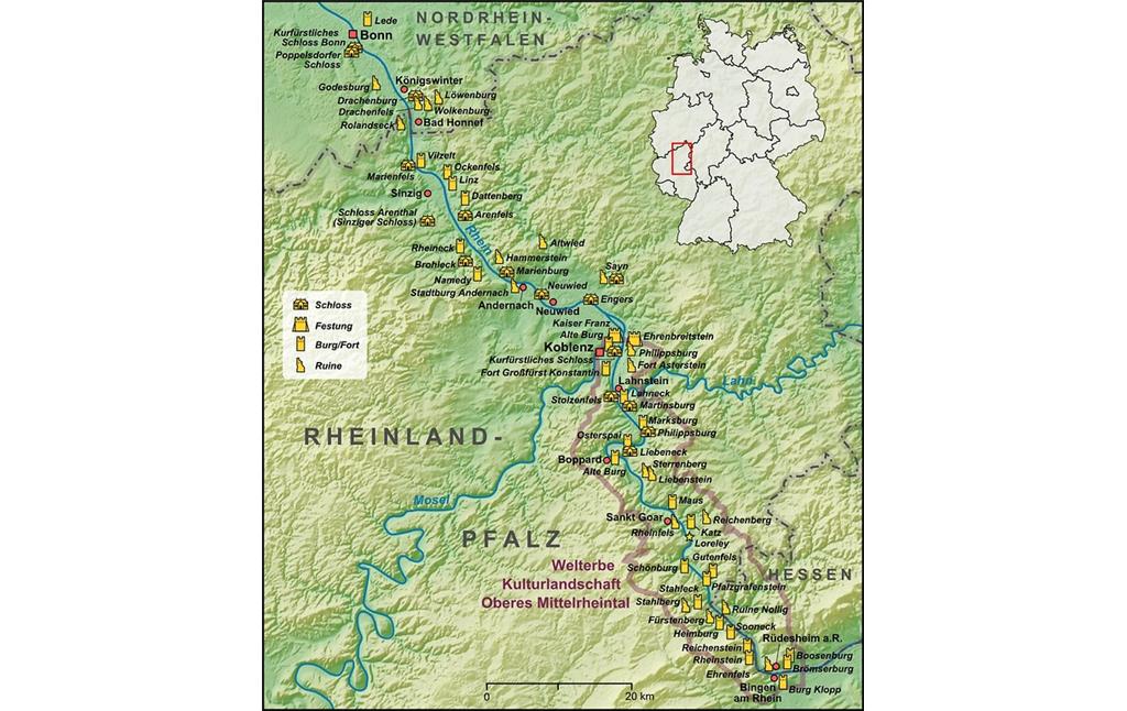 Karte der Region Mittelrhein und der Welterbestätte Kulturlandschaft Oberes Mittelrheintal (2009).