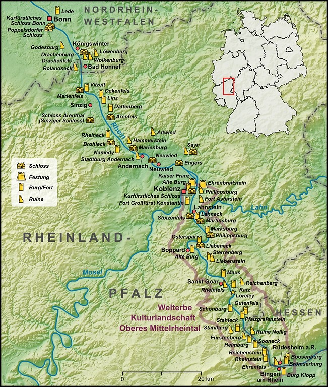 Karte der Region Mittelrhein und der Welterbestätte Kulturlandschaft Oberes Mittelrheintal (2009).
