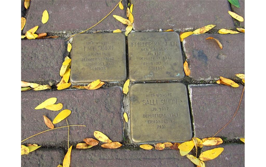 Stolpersteine zum Gedenken an in der NS-Zeit ermordeten jüdischen Bürger im Straßenpflaster der heutigen Synagogenstraße in Kaldenkirchen (2013)