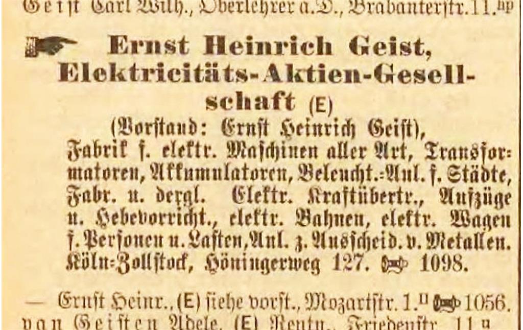 Als Werbeannonce gestalteter Eintrag der Köln-Zollstocker "Ernst Heinrich Geist, Elektricitäts-Aktien-Gesellschaft" in von Greven's Kölner Adressbuch von 1906.