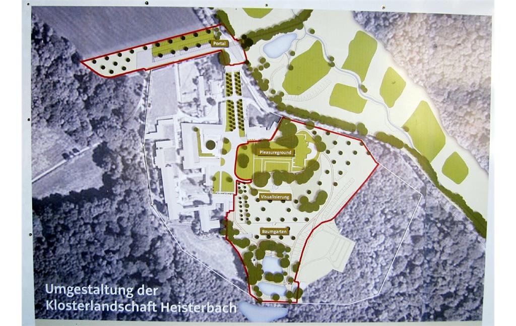 Plan "Umgestaltung der Klosterlandschaft Heisterbach" (an der Zehntscheune der ehemaligen Abtei, 2014).