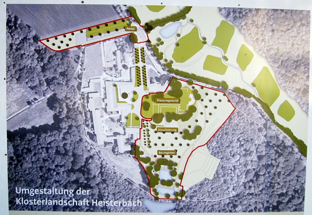 Plan "Umgestaltung der Klosterlandschaft Heisterbach" (an der Zehntscheune der ehemaligen Abtei, 2014).