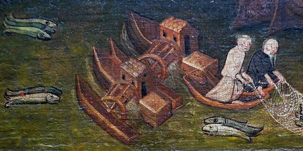 Schiffsmühlen und Fischer auf dem Rhein bei Köln. Detail aus dem Gemälde des Martyriums der Heiligen Ursula vom "Meister der Kleinen Passion" (Köln um 1411).