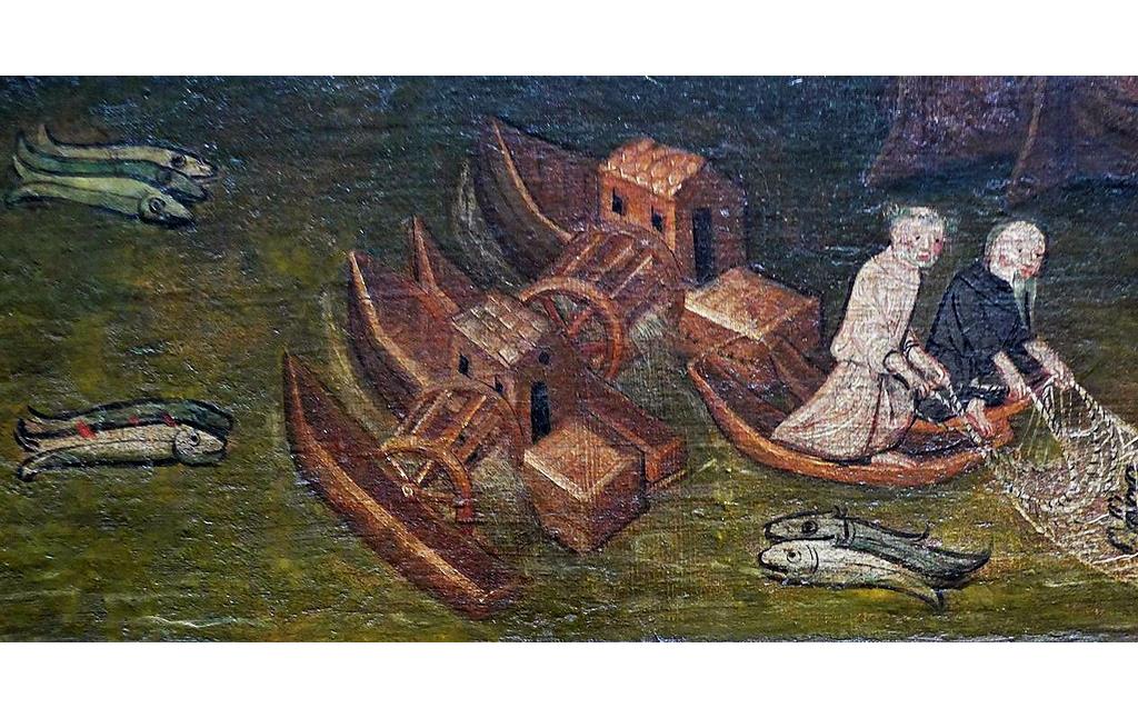 Schiffsmühlen und Fischer auf dem Rhein bei Köln. Detail aus dem Gemälde des Martyriums der Heiligen Ursula vom "Meister der Kleinen Passion" (Köln um 1411).