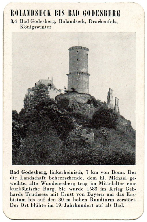 Spielkarte "Bad Godesberg" mit einer Ansicht der Godesburg (aus dem Quartettspiel "Der Rhein", Ravensburger Spiele Nr. 305, Otto Maier Verlag 1952).