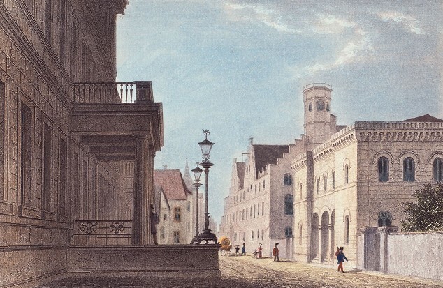 Kolorierter Stahlstich von Johann Poppel nach einer Zeichnung von Ludwig Lange (1844). Vorne rechts ist die Kölner Alte Wache zu sehen, dahinter befindet sich das Zeughaus.