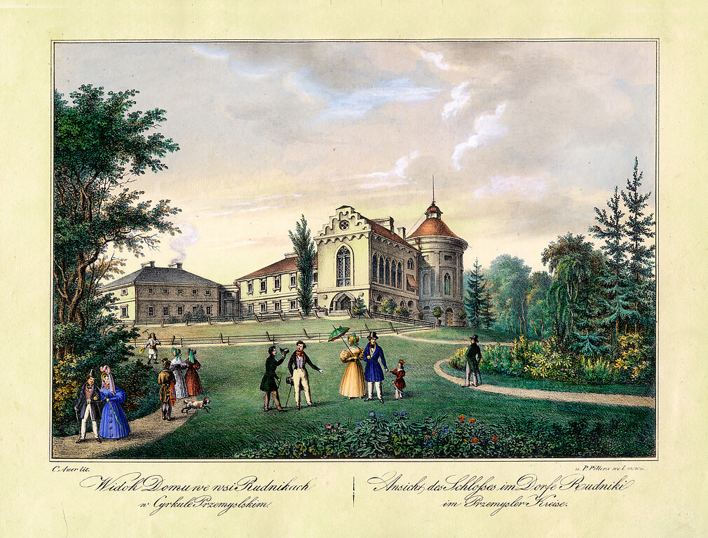 Strakhotsky Palace in Mostyska (1837, by Carl Auer; Ger.: Ansicht des Schloßes im Dorfe Rundiki im Przemysler Kreise)