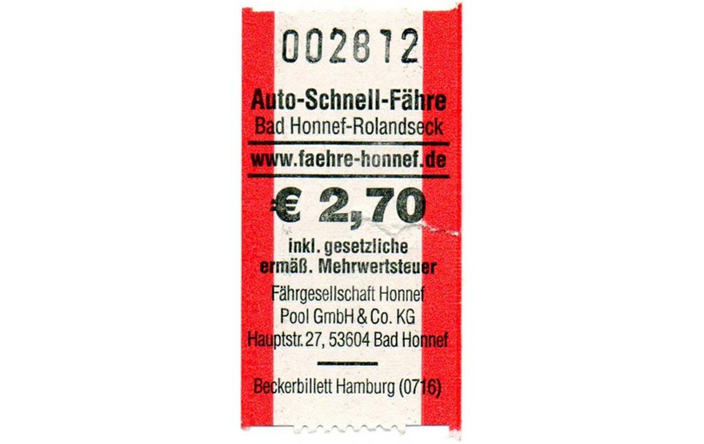 Ticket der zwischen Remagen-Rolandseck und Bad Honnef-Lohfeld verkehrenden Rheinfähre "Siebengebirge", auf dem Fahrschein als "Auto-Schnell-Fähre" bezeichnet (2016).