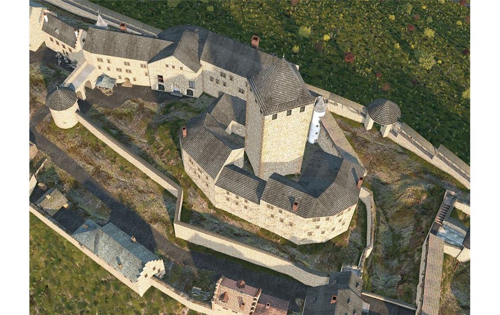 Rekonstruktionsvorschlag der Kernburg der Burg Lichtenberg von Süden aus (2023)