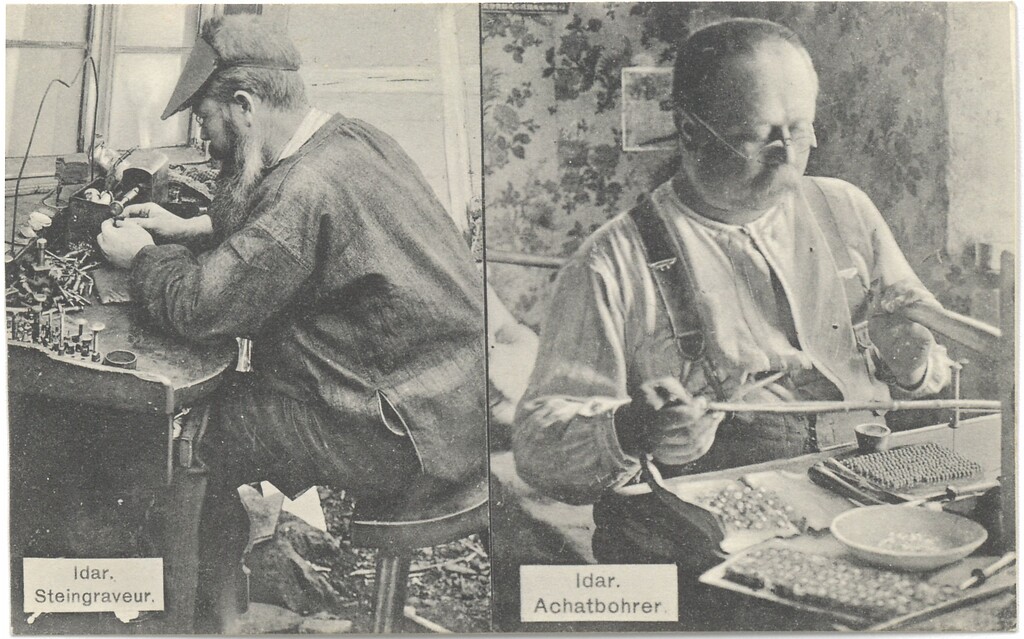 Historische Fotografie eines Steingraveurs und eines Achatborers aus dem Idar-Obersteiner Stadtteil Idar (um 1910)