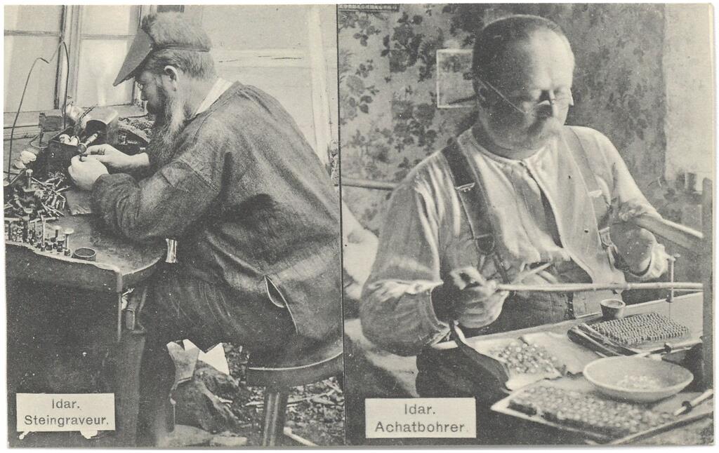 Historische Fotografie eines Steingraveurs und eines Achatborers aus dem Idar-Obersteiner Stadtteil Idar (um 1910)