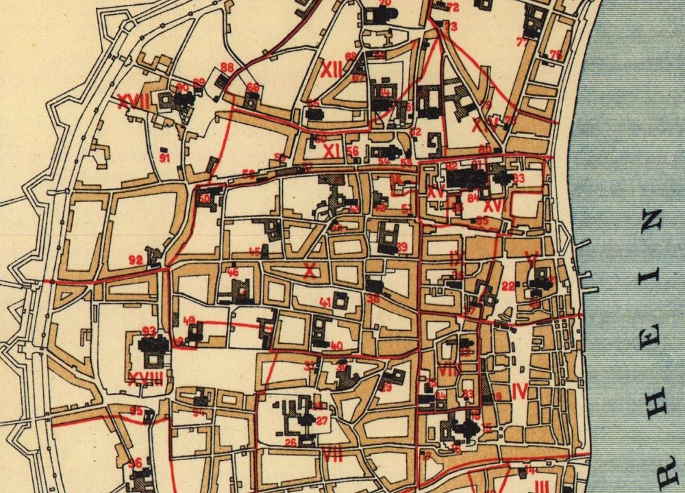 Ausschnitt aus der Karte "Kirchliche Organisation und Verteilung der Confessionen, Übersicht über die Kölner Kirchen (...) c. 1610" im Bereich der Kölner Altstadt (1903).