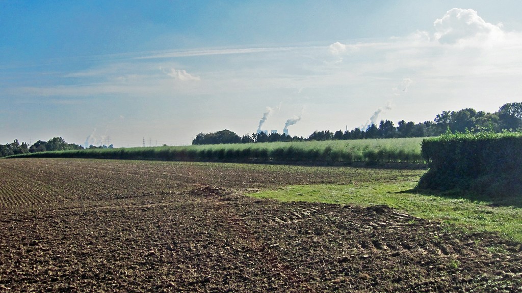 Eine Ackerfläche und im Hintergrund die Braunkohlekraftwerke als landschaftsprägende Elemente im Bereich der Unteren Erft und des Gillbach (2014)