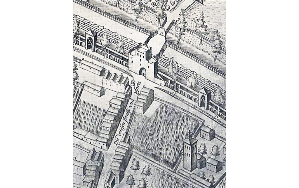 Friesenstraße und Friesentor bzw. -pforte auf einer Stadtansicht nach Arnold Mercator von 1570/71. Straße und Tor in der heutigen Kölner Neustadt sind als "Die Vriesen straiß und pforts" eingezeichnet.