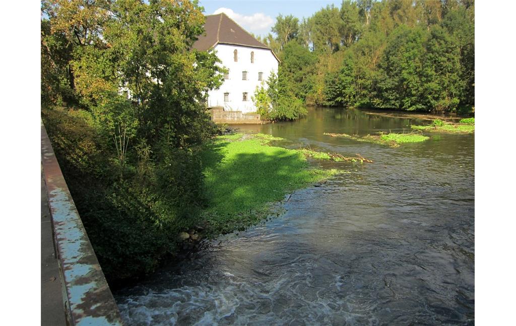 Die Erft und im Hintergrund das Mühlengebäude am dem ehemaligen Zisterzienserinnenkloster und Damenstift Eppinghoven bei Neuss-Holzheim (2014).
